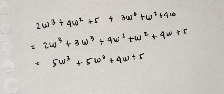 What is the simplified form of the expression below? (2w^3+4w^2+5)+(3w^3+w^2+4w) please-example-1