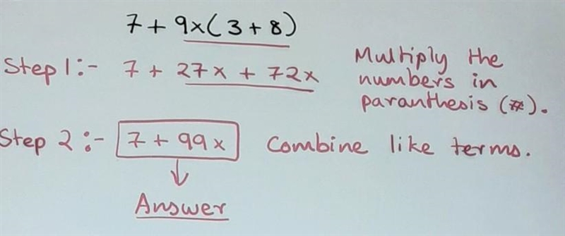 7+9 x (3+8) Order of operations. Please explain.-example-1