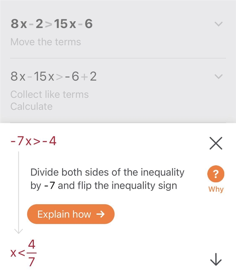 Somebody help me to solve this inequality:8x-2>15x-6.​-example-1