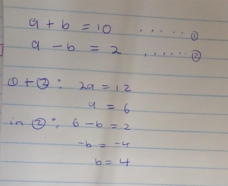 14) a + b = 10 a-b=2 Solve the system of equations. A) a = 5. b = 5 B) a = 2, b = 8 a-example-1