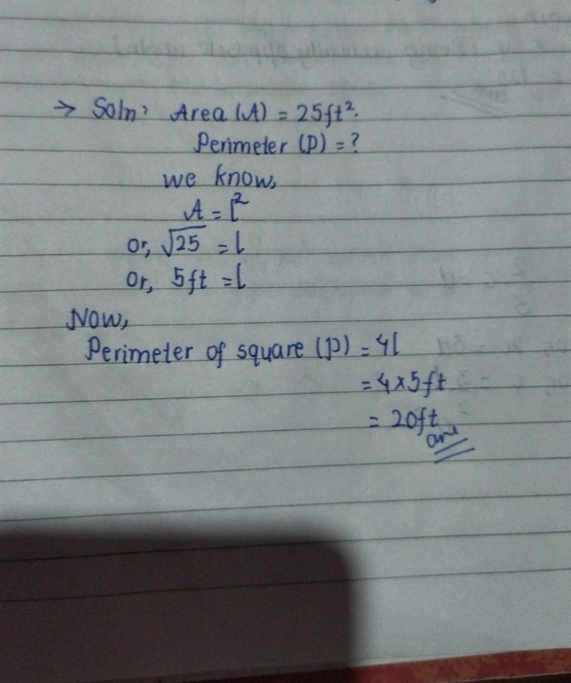 Given the area of each square, find the perimeter. Area = 25 square feet ​-example-1