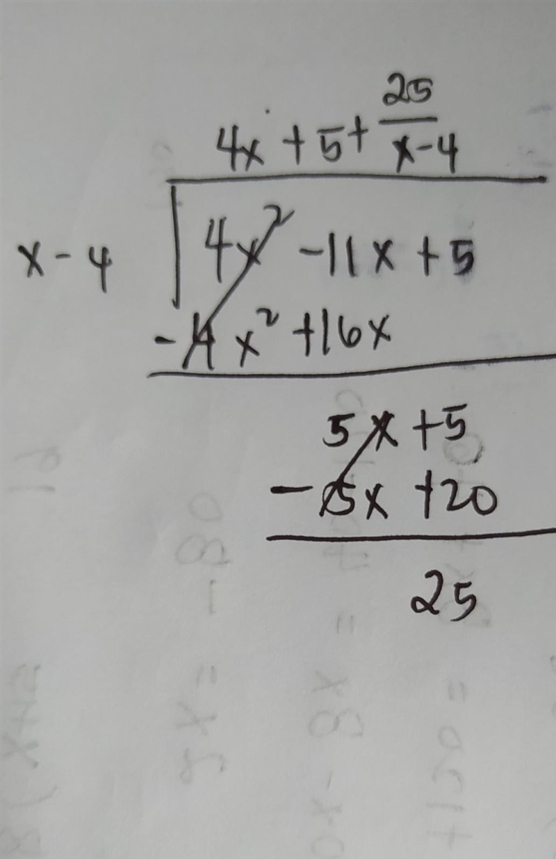 Find the quotient using long division 4x^2-11x+5/x-4-example-1