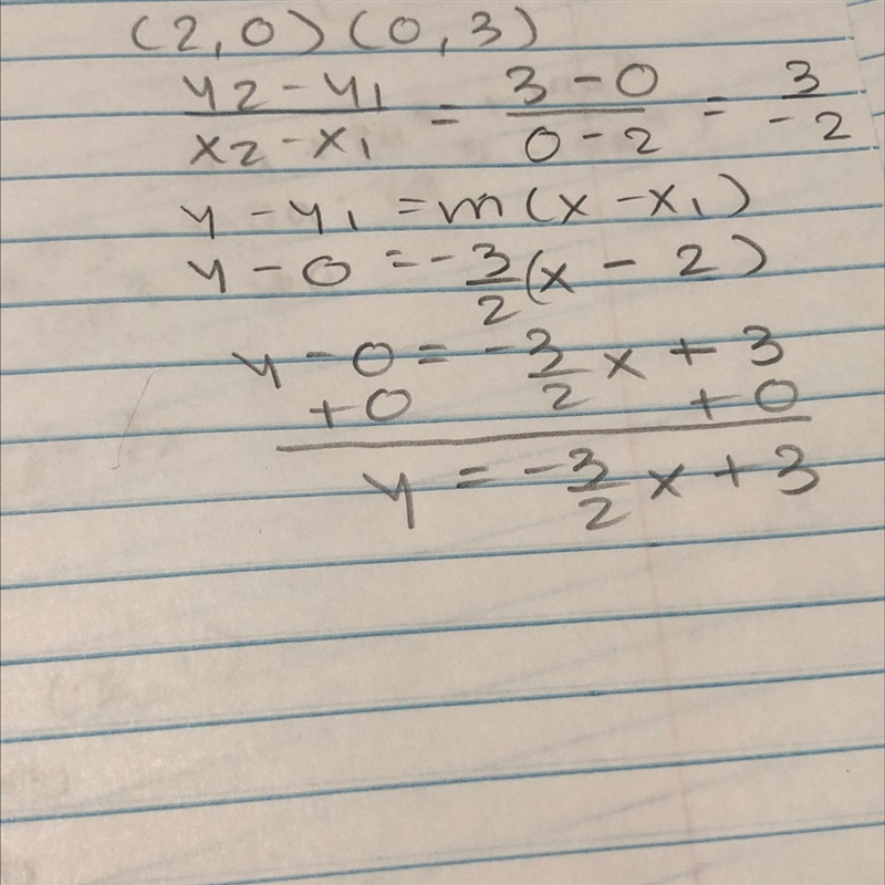 What is an equation for the line that passes through the coordinates (2, 0) and (0, 3)?-example-1