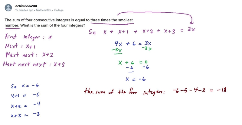 The sum of four consecutive integers is equal to three times the smallest number. What-example-1