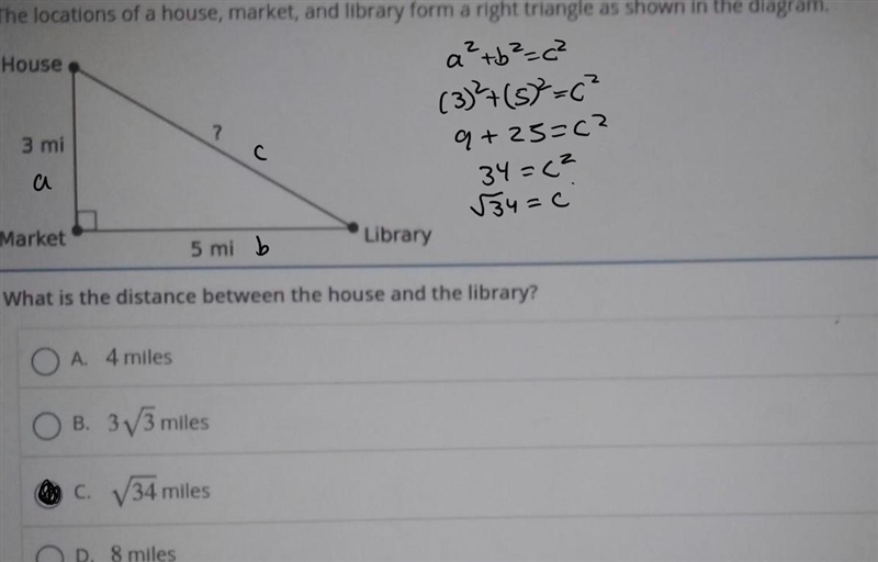 The locations of a house, market, and library from a right triangle as shown in the-example-1