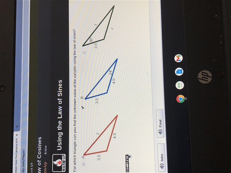 For which triangle can you find the unknown value of the variable using the law of-example-1