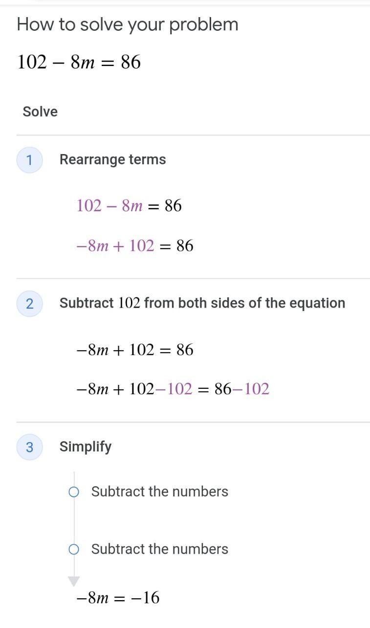 Evaluate: show your work Find the value of the variable. 102-8m=86 PLEASE HELP ME-example-1