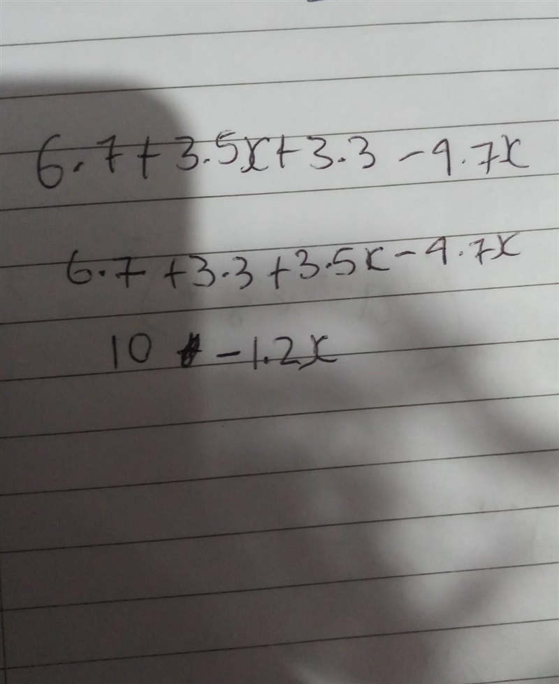 Combine like terms to create an equivalent expression: 6.7+3.5x+3.3-4.7x-example-1