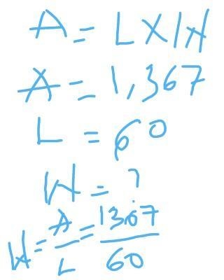 Question The area of a rectangle is 1,367 square feet. The length is 60 feet. What-example-1