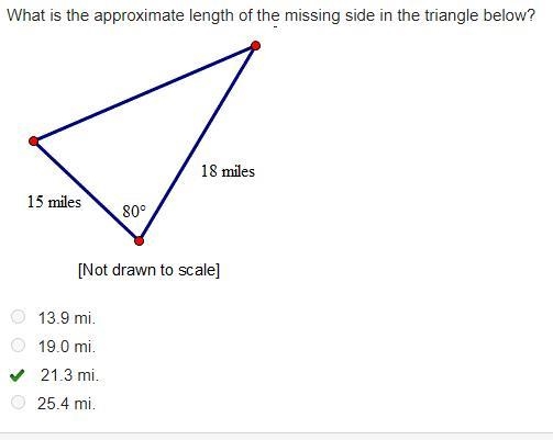 What is the approximate length of the missing side in the triangle below? 13.9 mi-example-1