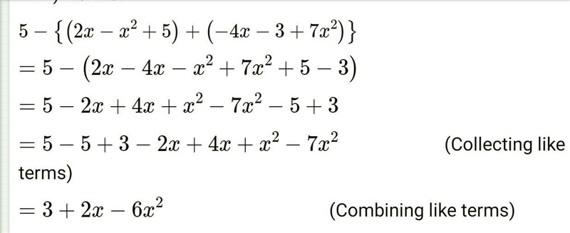 Solve-- 6. Subtract the sum of 2x - x²+5 and -4x - 3+ 7x² from 5.​-example-1