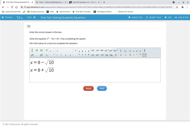 Solve the equation x^2 - 16x+ 54 = 0 by completing the square. Fill in the values-example-1