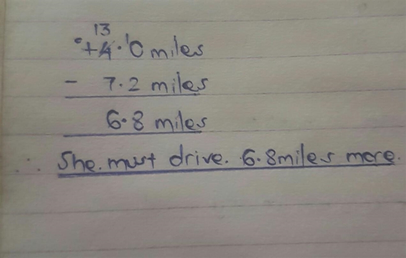 Charmaine needs to drive 14 miles to work. So far, she has driven 7.2 miles. How many-example-1