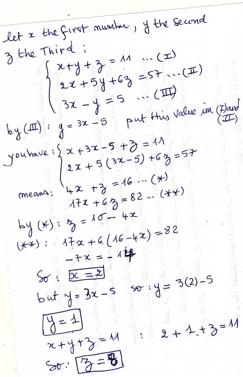 The sum of three numbers is 11. The sum of twice the first number, 5 times the second-example-1