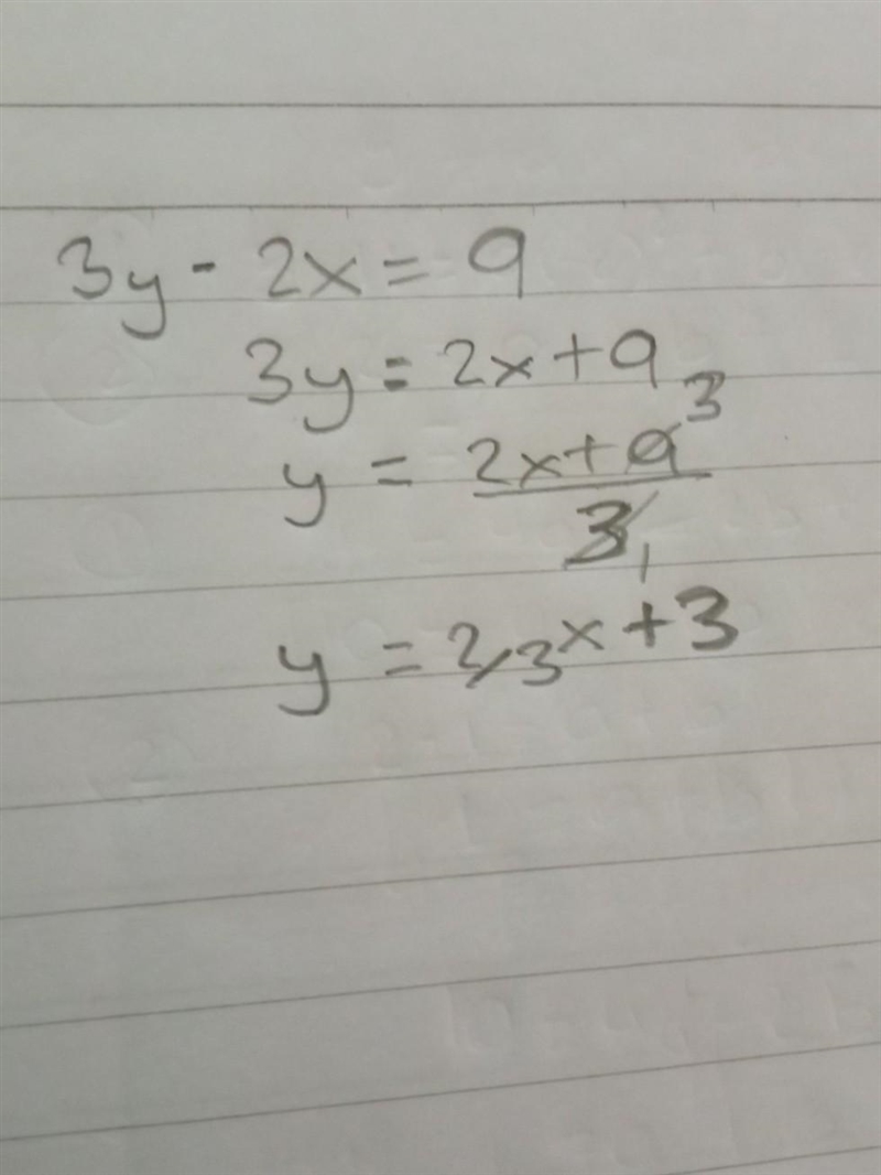 Graphing linear equations and inequalities 3Y minus 2X equals nine-example-2