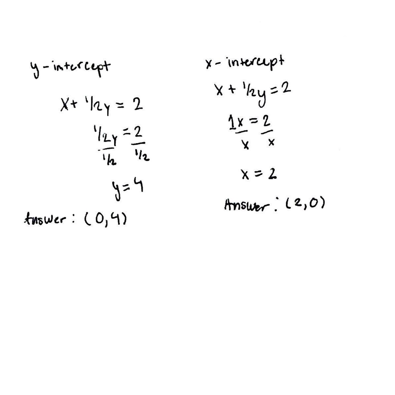 How do you Determine the x- and y-intercepts. x + (1/2) y = 2-example-1