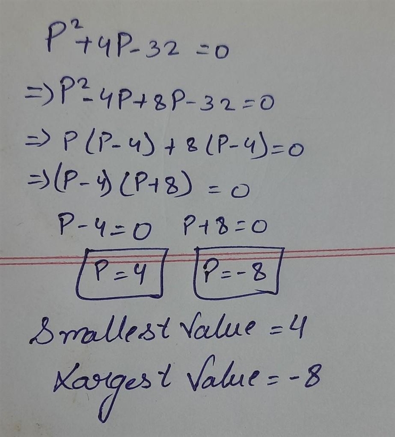 Solve for p: p^2+4p-32=0 P=? (Smaller value) P=? (Larger value? Enter your answer-example-1