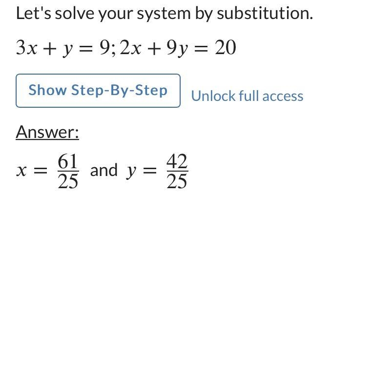 Is (1,8) a solution to the system of equations 3x+y=9 2x+9y=20​-example-1