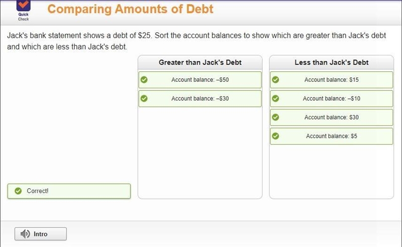 Jack's bank statement shows a debt of $25. Sort the account balances to show which-example-1