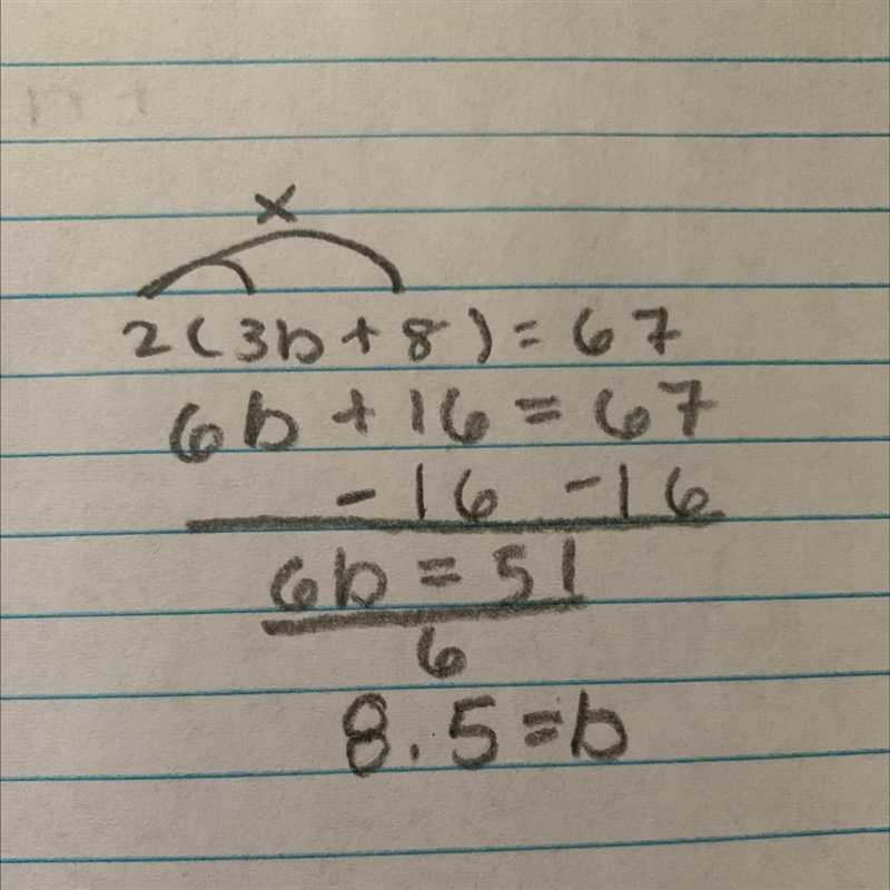 2 (3b + 8) = 67 Solve !-example-1