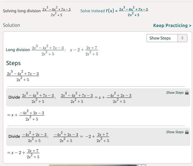 (2x^3-4x^2+7x-3)/(2x^2 +5) Divide using long division-example-1