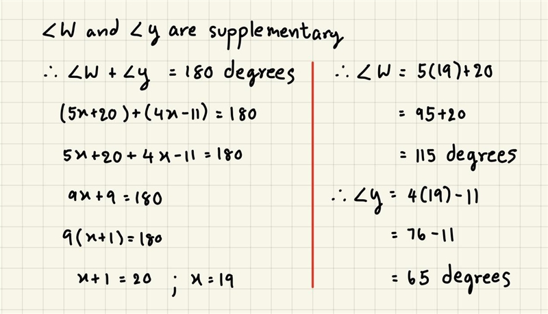 Angle W and angle Y are supplementary. If the measure of angle W = 5x + 20 and the-example-1