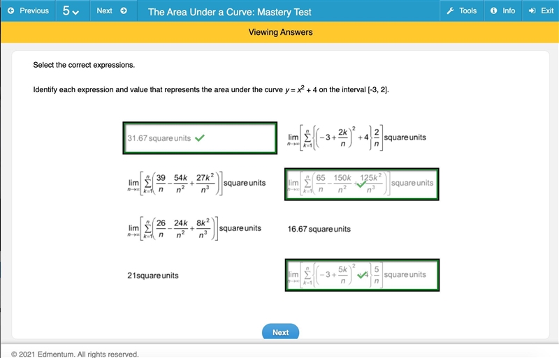 Identify each expression and value that represents the area under the curve y= x^2+4 on-example-1