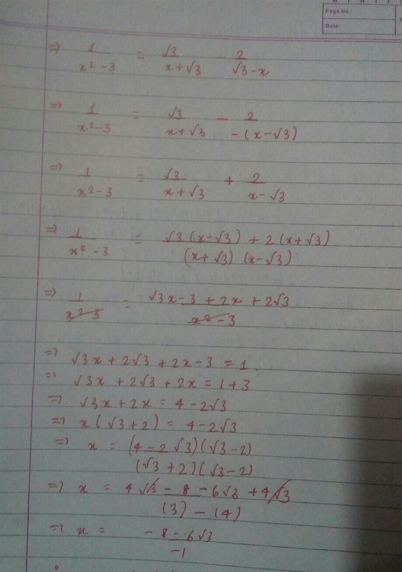 \frac{1}{x {}^(2) - 3 } = ( √(3) )/(x + √(3) ) - (2)/( √(3) - x ) can someone please-example-1