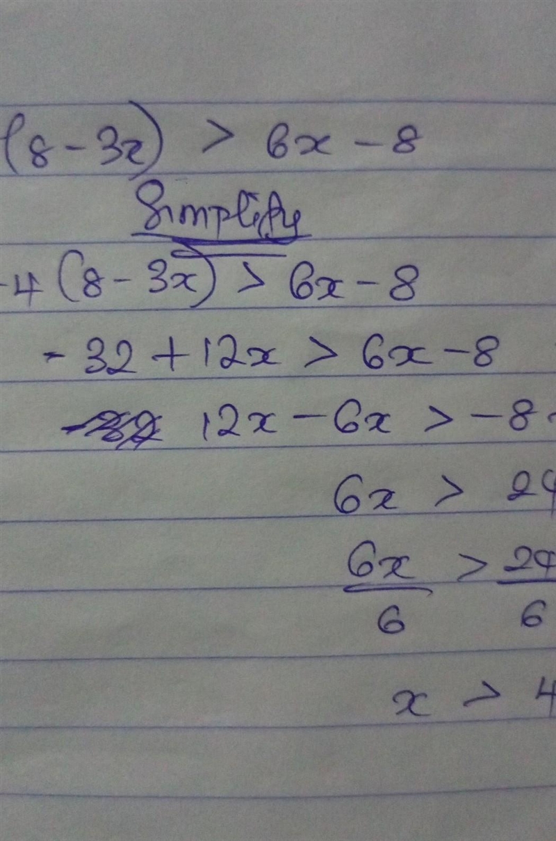 What is the solution to -4(8- 3x) >6x - 8? A)x>-4/3 B)x<-4/3 C)x>4 D)x-example-1