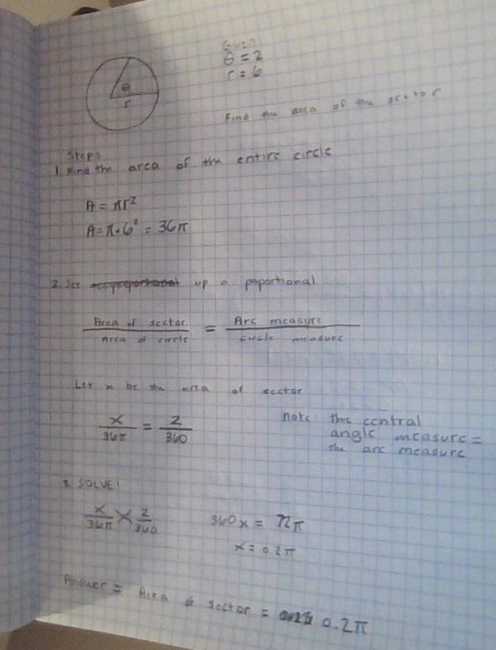 Find the area of the sector formed by central angle θ in a circle of radius r if θ = 2 ; r-example-1