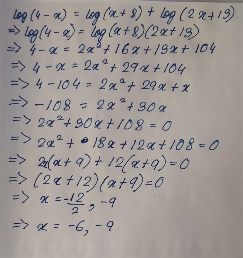 Log (4-x)=log (x+8) + log (2x+13)\\[solve for x-example-1