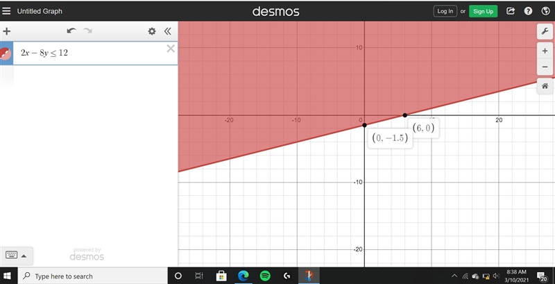 Which ordered pair is in the solution set of 2x−8y≤12?-example-1