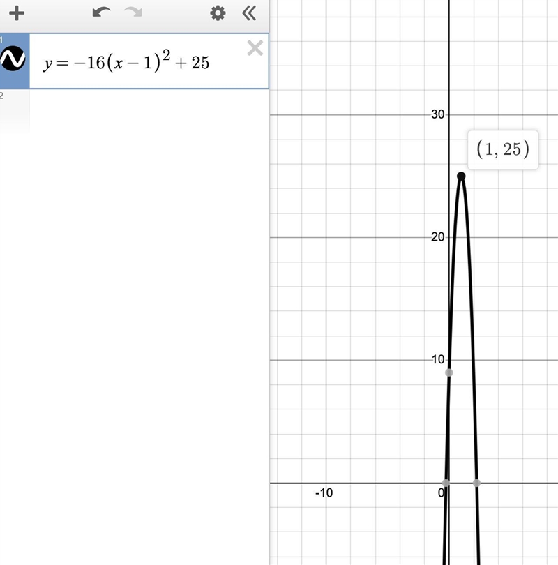 PLEASE HELP ME QUICK Lori tosses a ball into the air. The equation y = –16(x – 1)2 + 25 models-example-2