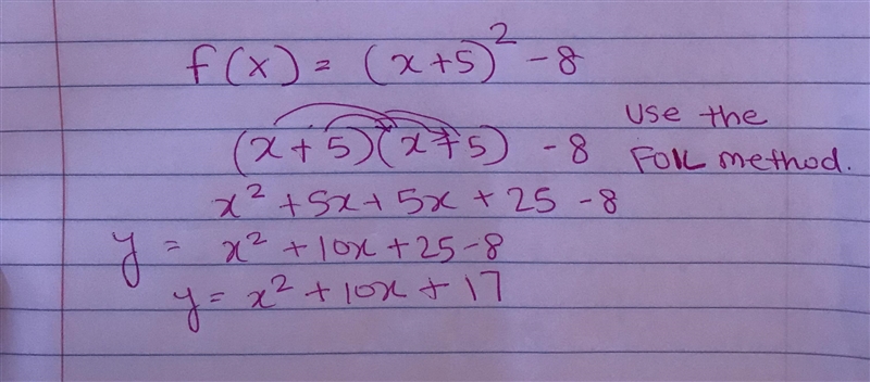 Write the quadratic function f(x) = (x + 5)2 - 8 in standard form. O A) Ax) = x2 + 10x-example-1