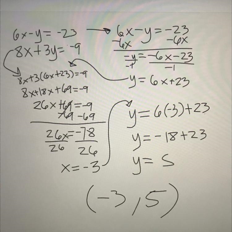 Solve the system using substitution. Show your work and give your answers as an ordered-example-1