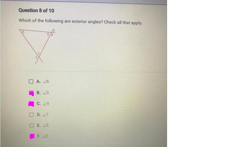 Which of the following are exterior angles? Check all that apply.-example-1