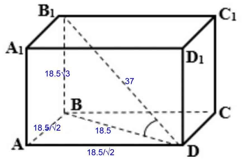 Given : ABCD is a rectangle m∠B1DB = 60°, m∠ADB = 45° DB1=37 Find: Volume-example-1