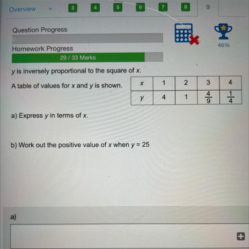 Yis inversely proportional to the square of x. A table of values for x and y is shown-example-1