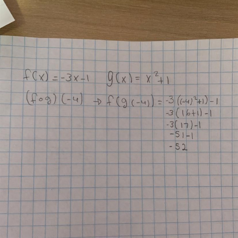 Let f(x) = - 3x – 1 and g(x)=x2 + 1. Find (fog)(-4).-example-1