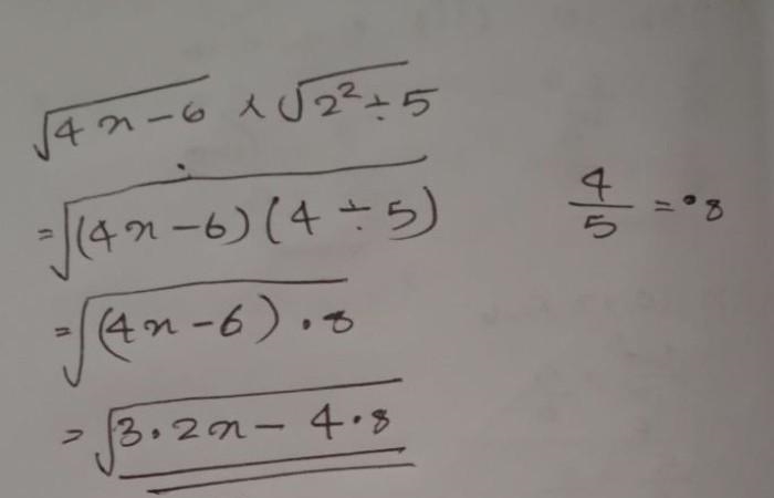 Another 100pt simplify: √(4x - 6) * \sqrt{ {2}^(2) / 5 } ​-example-1