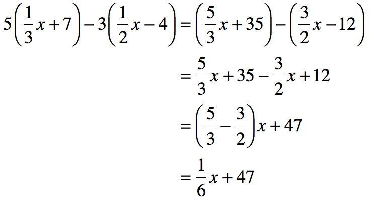 Which expression are equivalent to 5(1/3x + 7)-3(1/2x -4)? Select three options.-example-1