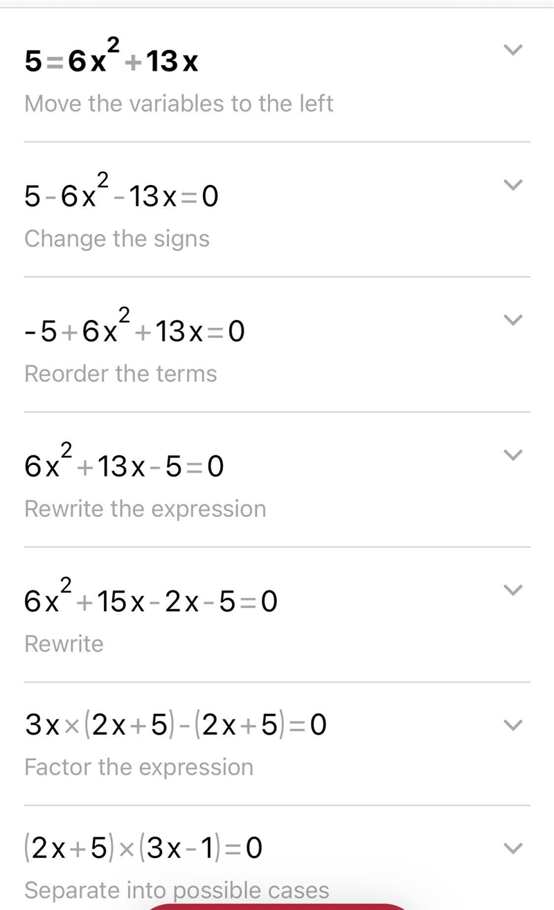 Solve using the quadratic formula or factoring ... 5=6x^2 + 13x-example-1