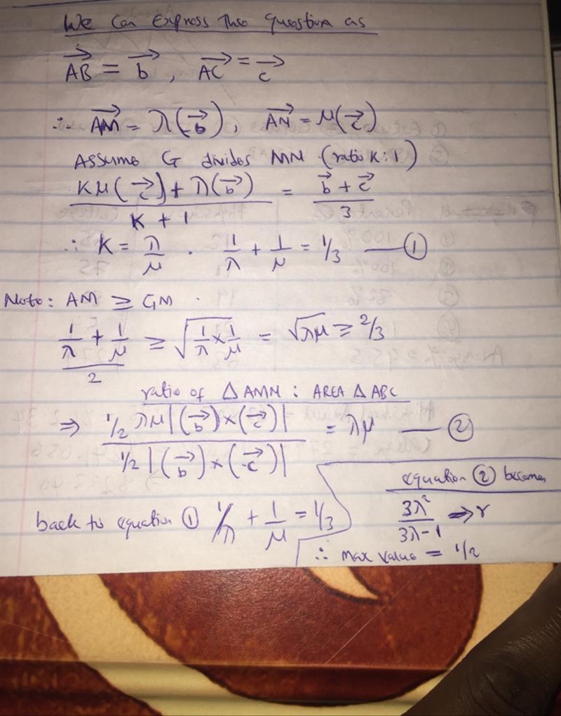 In a triangle ABC, let G denote its centroid and let M,N be points in the interiors-example-2