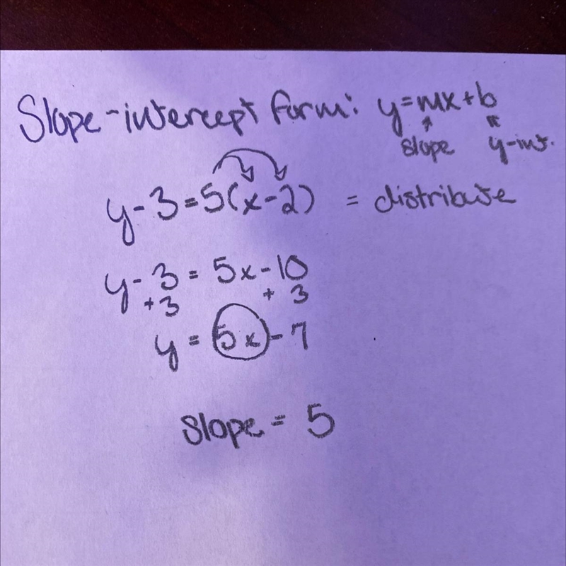 What is the slope of the line. y-3=5(x-2)​-example-1