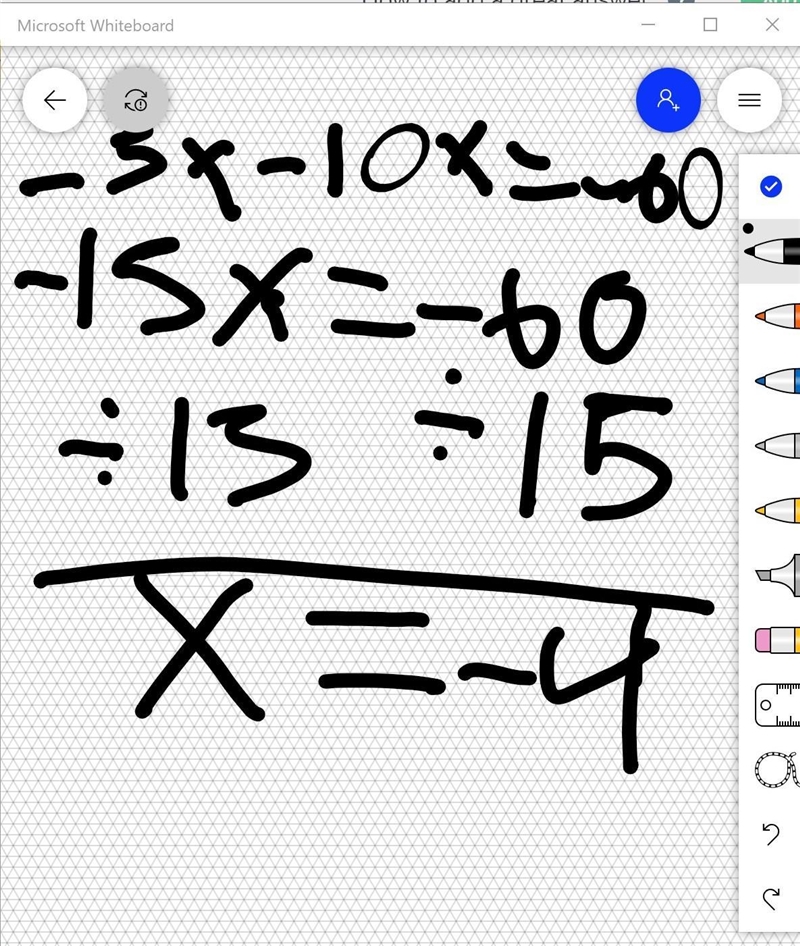 What value of x is a solution to this equation? -5x - 10x = -60 ​-example-1