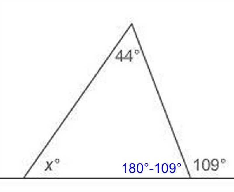 This triangle has one side that lies on an extended line segment. Based on this triangle-example-1