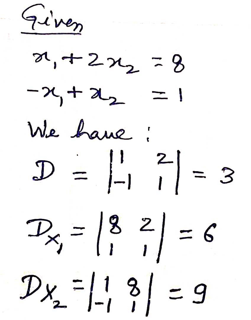 Use Cramer's Rule to solve (if possible) the system of linear equations. x1 + 2x2 =8 - x-example-1