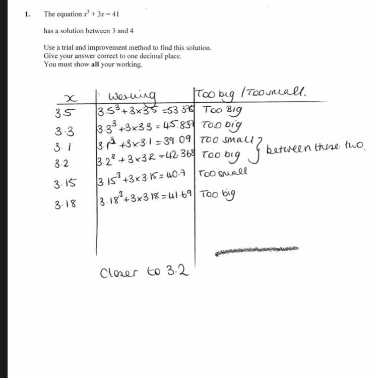 The equation x^3 - 4x = 25 has a solution between 3 and 4 Use a trial and improvement-example-1