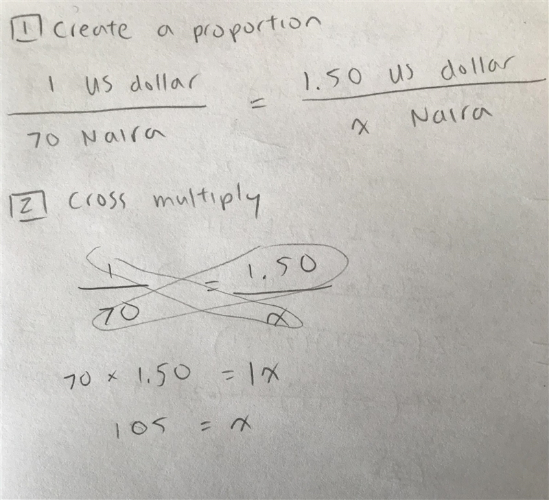 If the exchange rate of US dollar to Naira is 1:70, what's the value of $1.50 in Naira-example-1