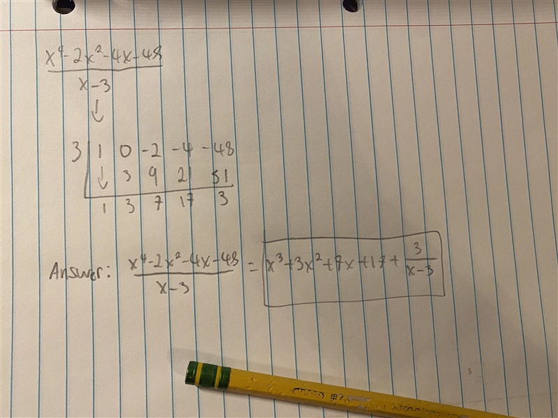 Use synthetic division to find the result when x^4-2x^2-4x-48 is divided by x-3-example-1